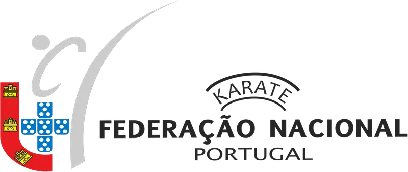 Logótipo da FNKP: o escudo de Portugal e a silhueta de um karateca a dar um pontapé, ao lado das palavras «Karate – Federação Nacional – Portugal». Abre o sítio da FNKP.